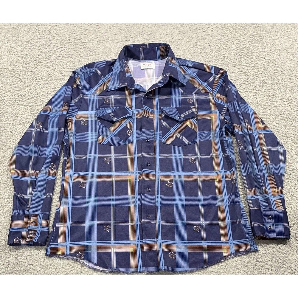 Wrangler Shirt Mens XL  Blue Plaid Western Snap Long Sleeve VTG 70s Disco USA